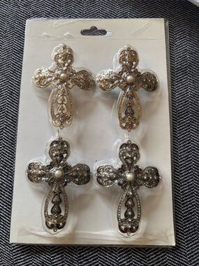 Candle Pins vintage enamel w/ rhinestones & faux pearls metal